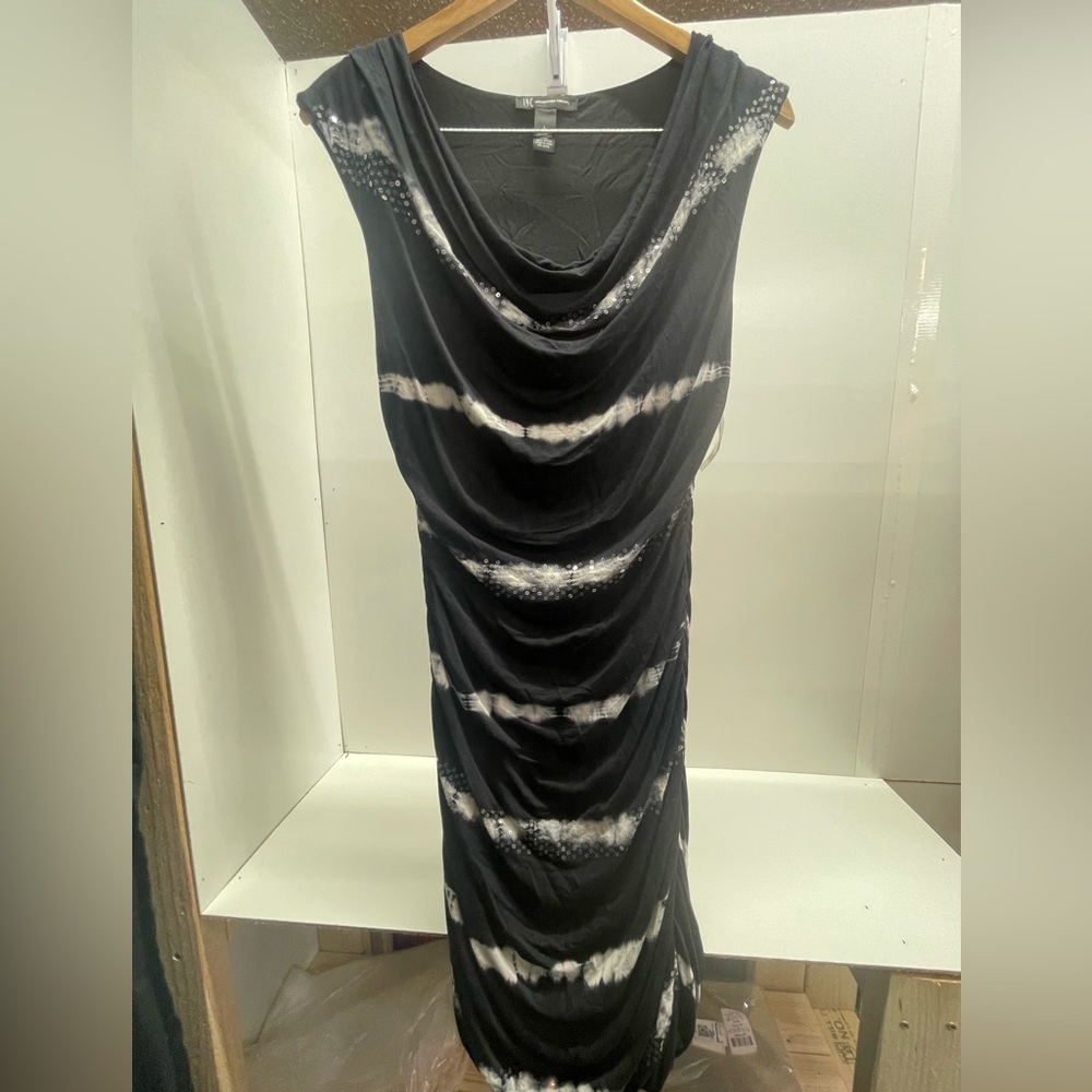 International Concepts Black and White Sequined Ruched Tie Dye Maxi Dress